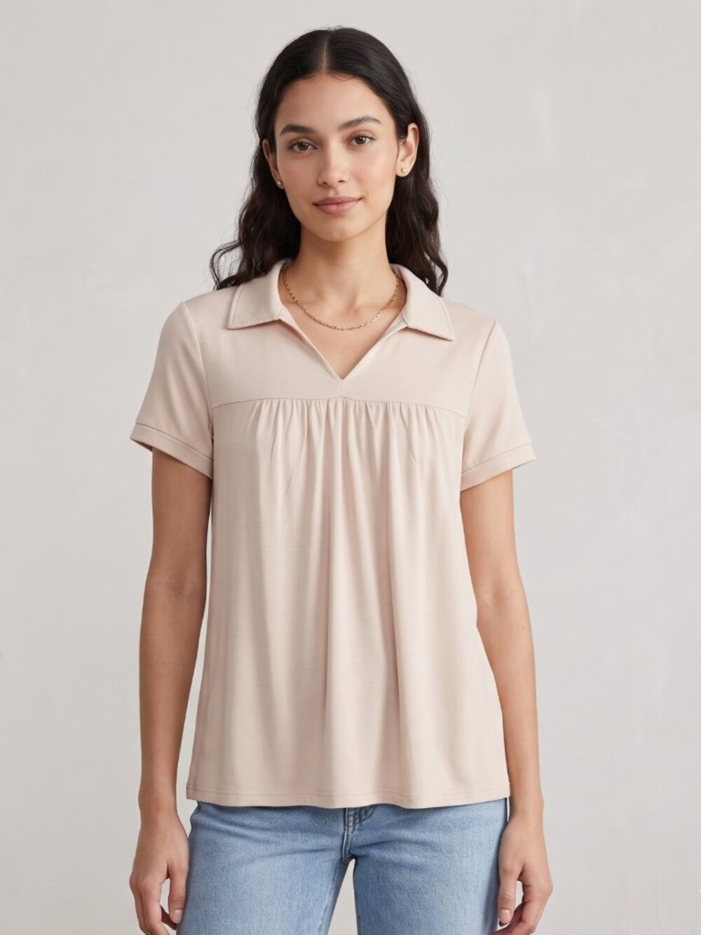 New Women’s Beige Collared Casual Top – Size Small